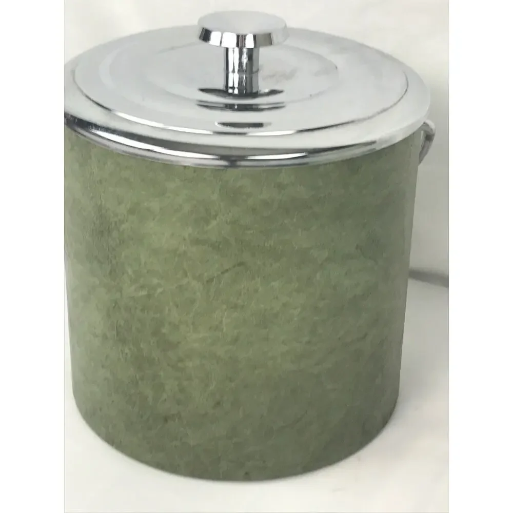 Vintage Leather Wrapped Ice Bucket Avacado Green Silver Lid Rare Color Irvinware